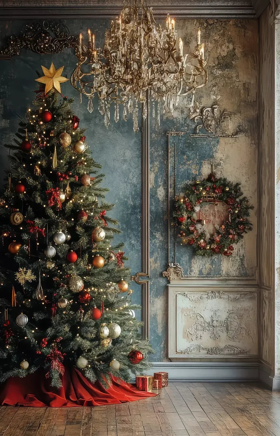 Christmas Tree With Rustic Wall 9’X14’ Ultracloth (108 X 168 Inch) Backdrop