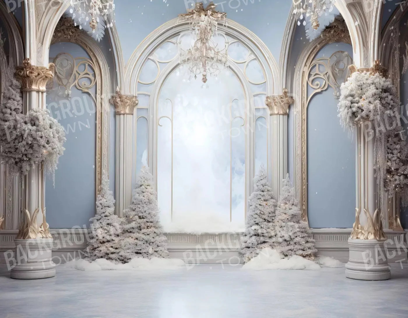 Christmas Winter Blues Ballroom 8X6 Fleece ( 96 X 72 Inch ) Backdrop