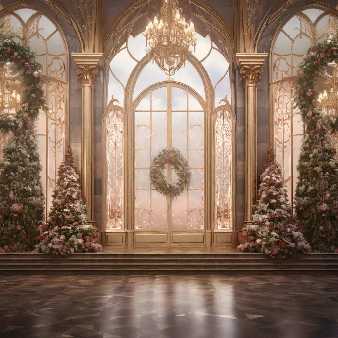 Christmas Wreath Ballroom 10X10 Ultracloth ( 120 X Inch ) Backdrop