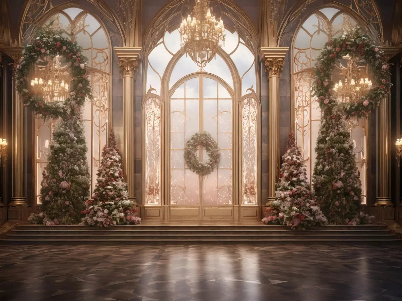 Christmas Wreath Ballroom 10X8 Fleece ( 120 X 96 Inch ) Backdrop