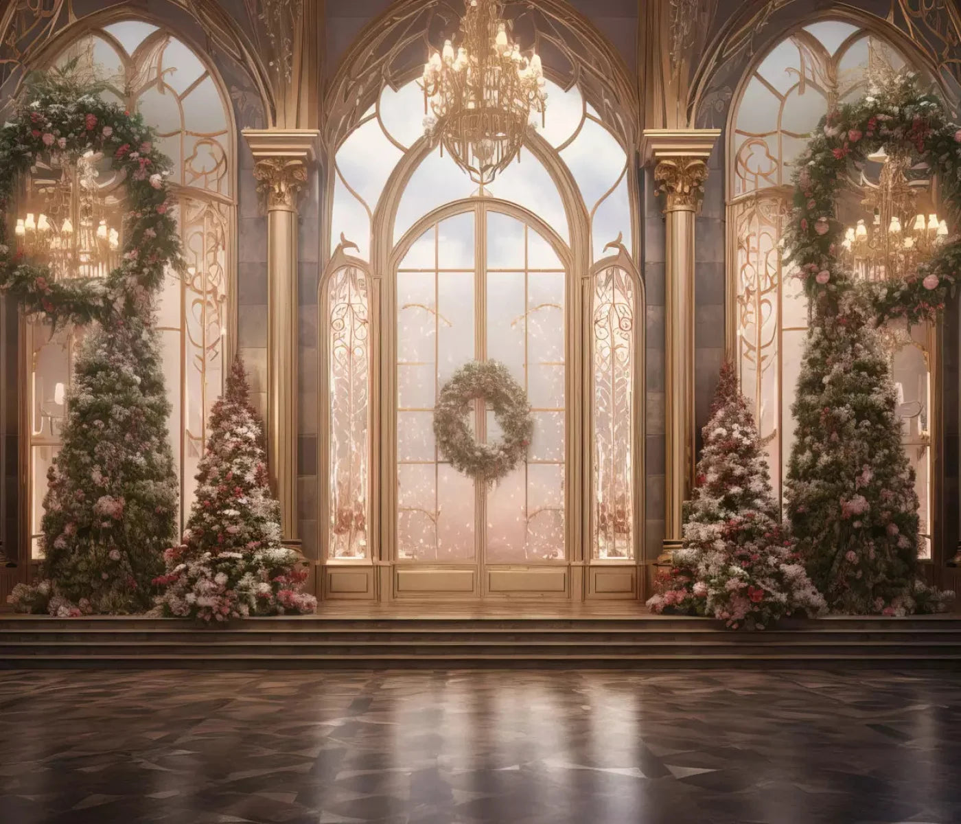 Christmas Wreath Ballroom 12X10 Ultracloth ( 144 X 120 Inch ) Backdrop