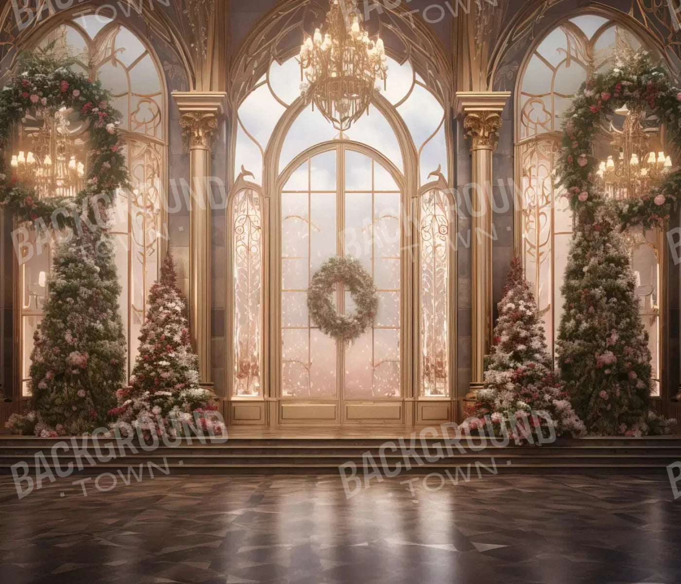 Christmas Wreath Ballroom 12X10 Ultracloth ( 144 X 120 Inch ) Backdrop