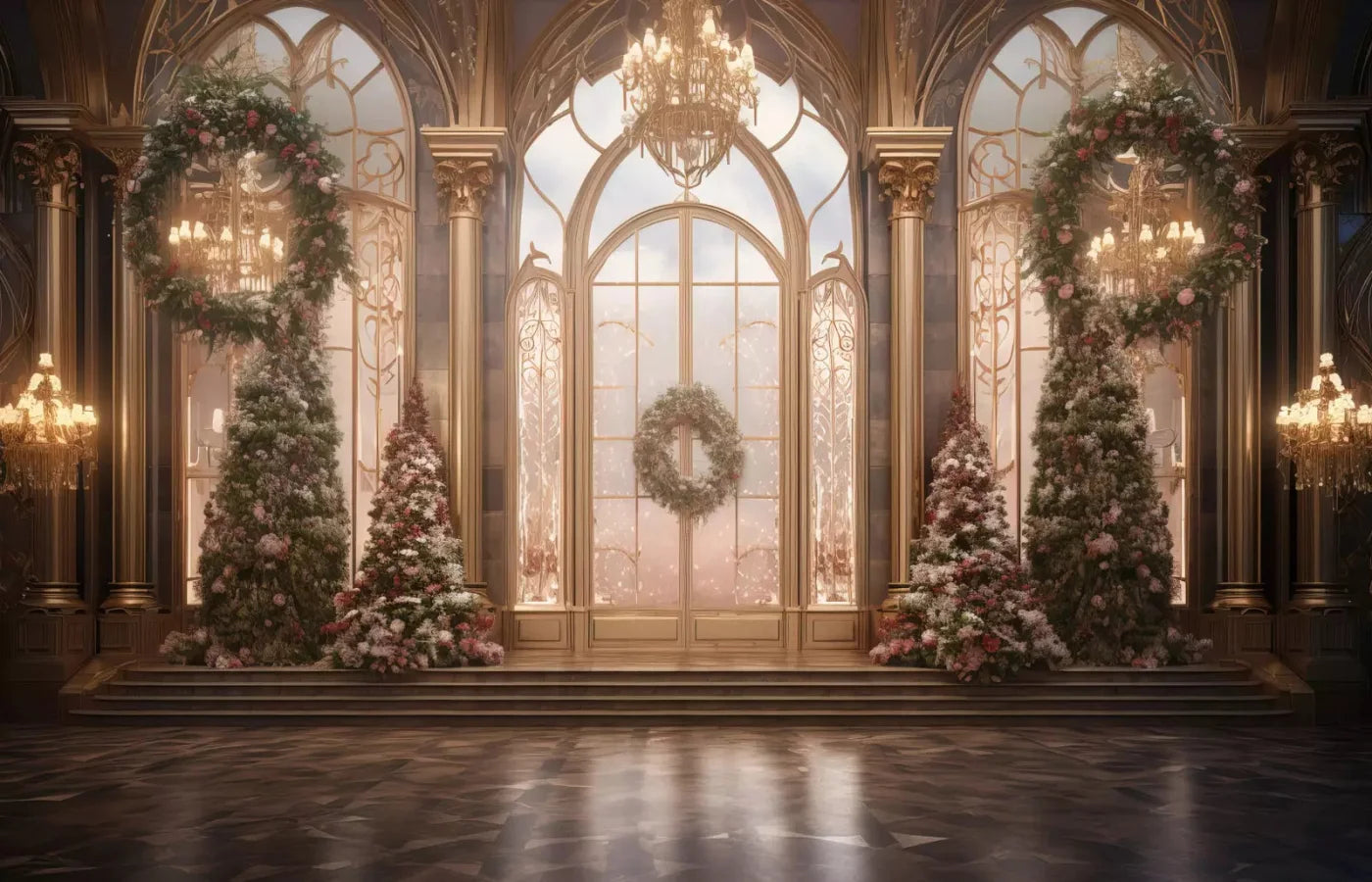 Christmas Wreath Ballroom 12X8 Ultracloth ( 144 X 96 Inch ) Backdrop