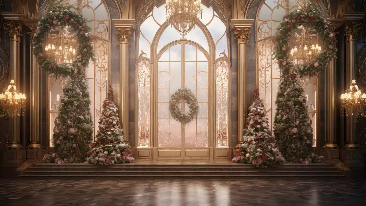 Christmas Wreath Ballroom 14X8 Ultracloth ( 168 X 96 Inch ) Backdrop