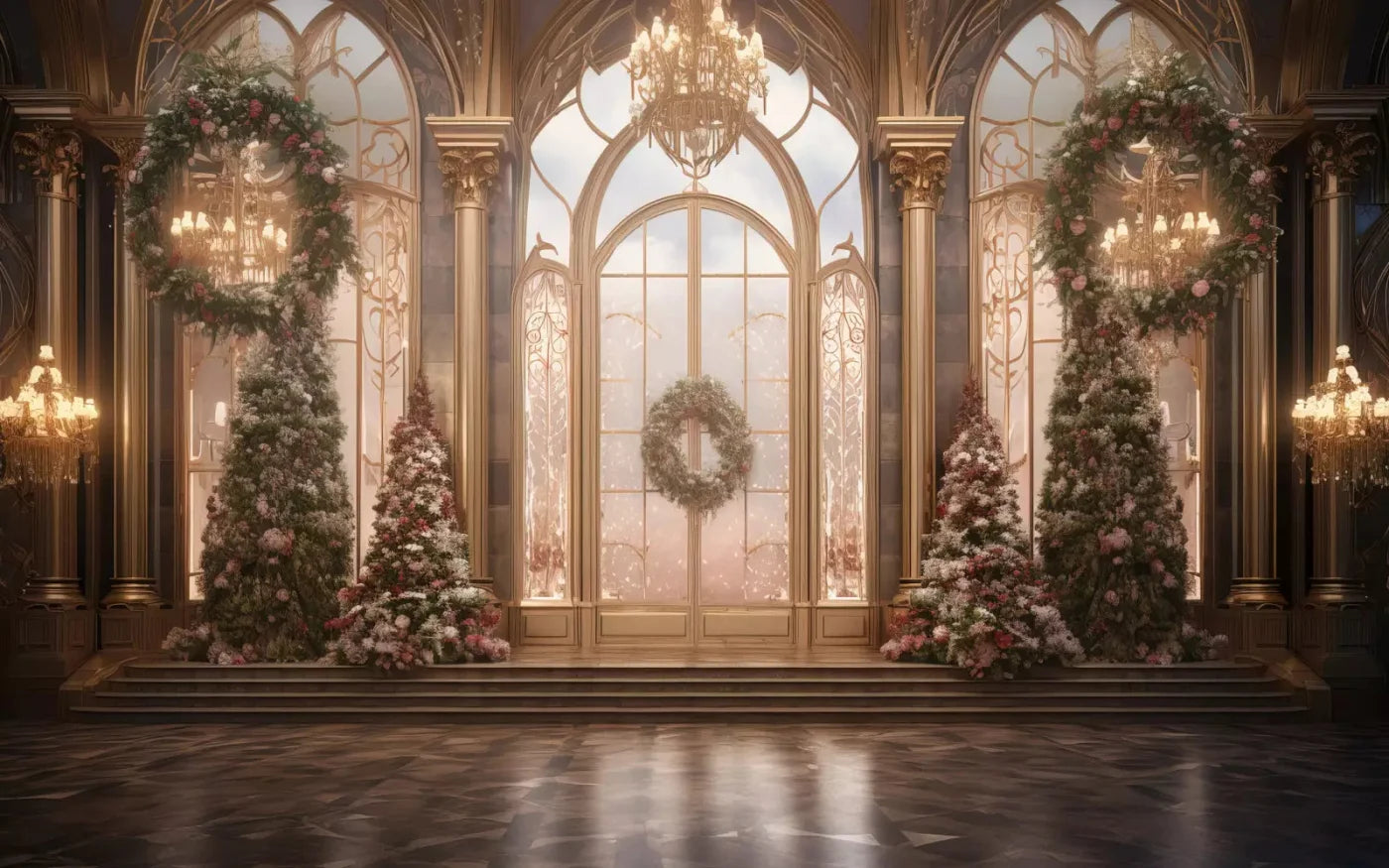 Christmas Wreath Ballroom 14X9 Ultracloth ( 168 X 108 Inch ) Backdrop