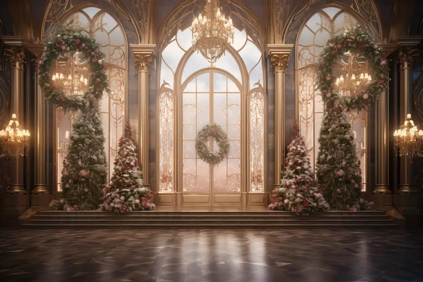 Christmas Wreath Ballroom 8X5 Ultracloth ( 96 X 60 Inch ) Backdrop