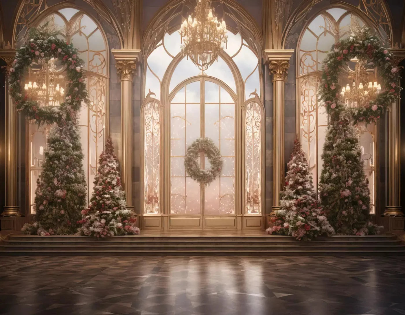 Christmas Wreath Ballroom 8X6 Fleece ( 96 X 72 Inch ) Backdrop