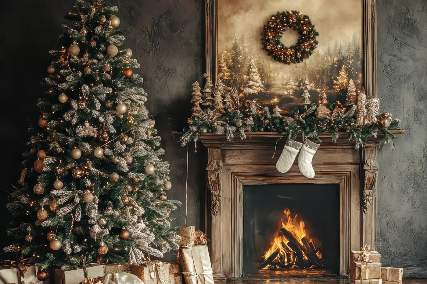 Classic Christmas Fireplace And Tree 12’X8’ Ultracloth (144 X 96 Inch) Backdrop
