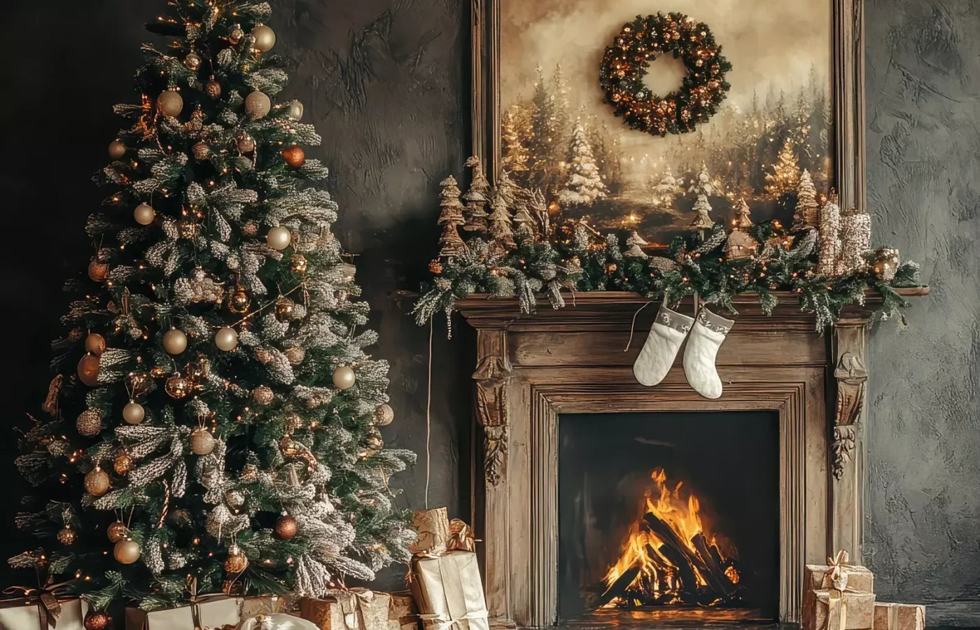 Classic Christmas Fireplace And Tree 14’X9’ Ultracloth (168 X 108 Inch) Backdrop