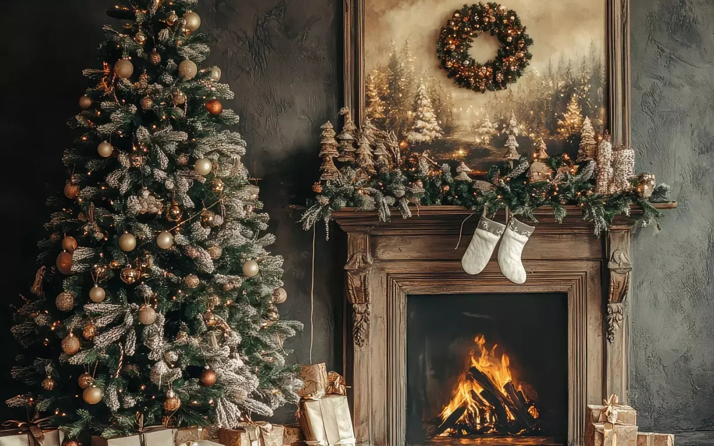 Classic Christmas Fireplace And Tree 16’X10’ Ultracloth (192 X 120 Inch) Backdrop