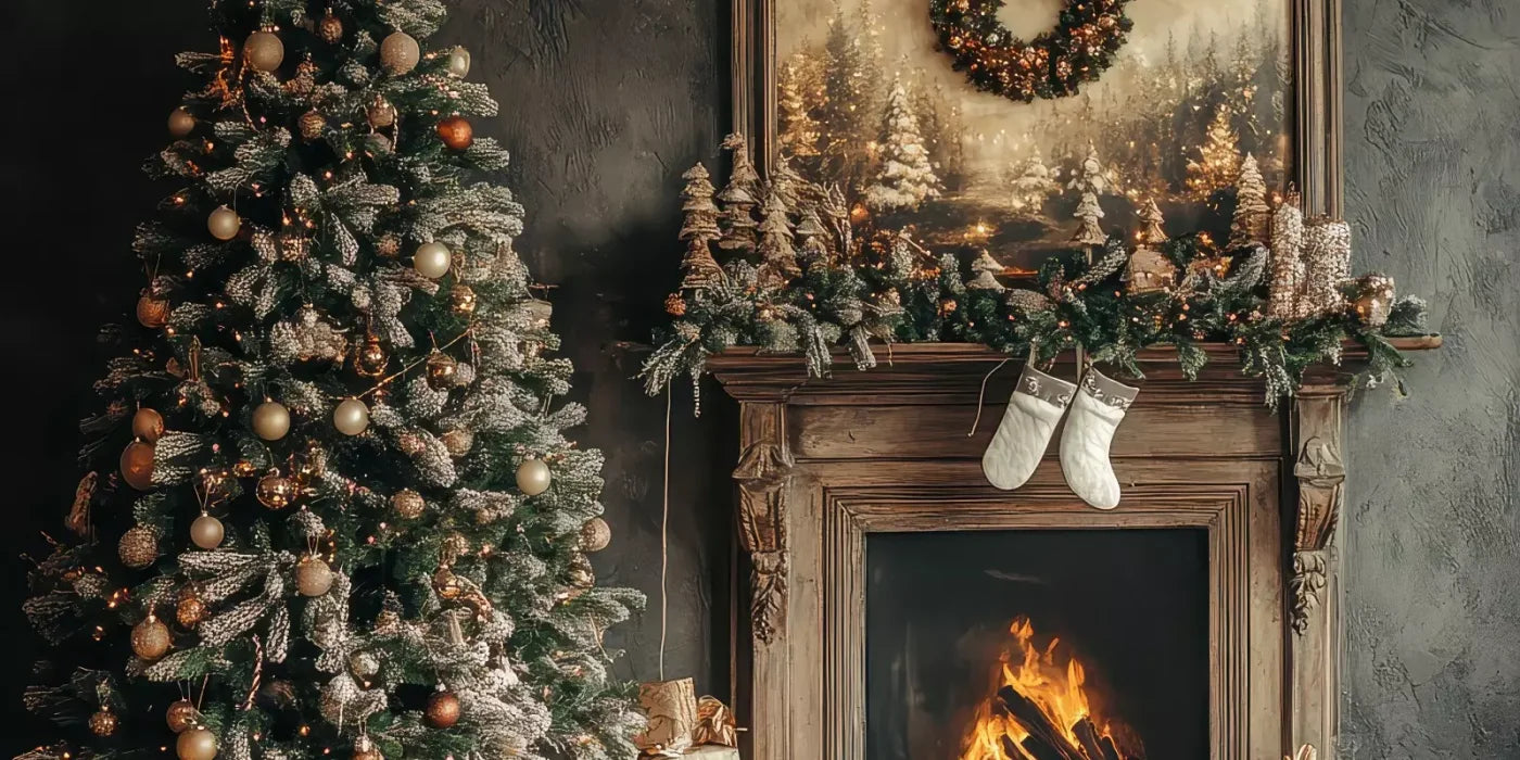 Classic Christmas Fireplace And Tree 16’X8’ Ultracloth (192 X 96 Inch) Backdrop