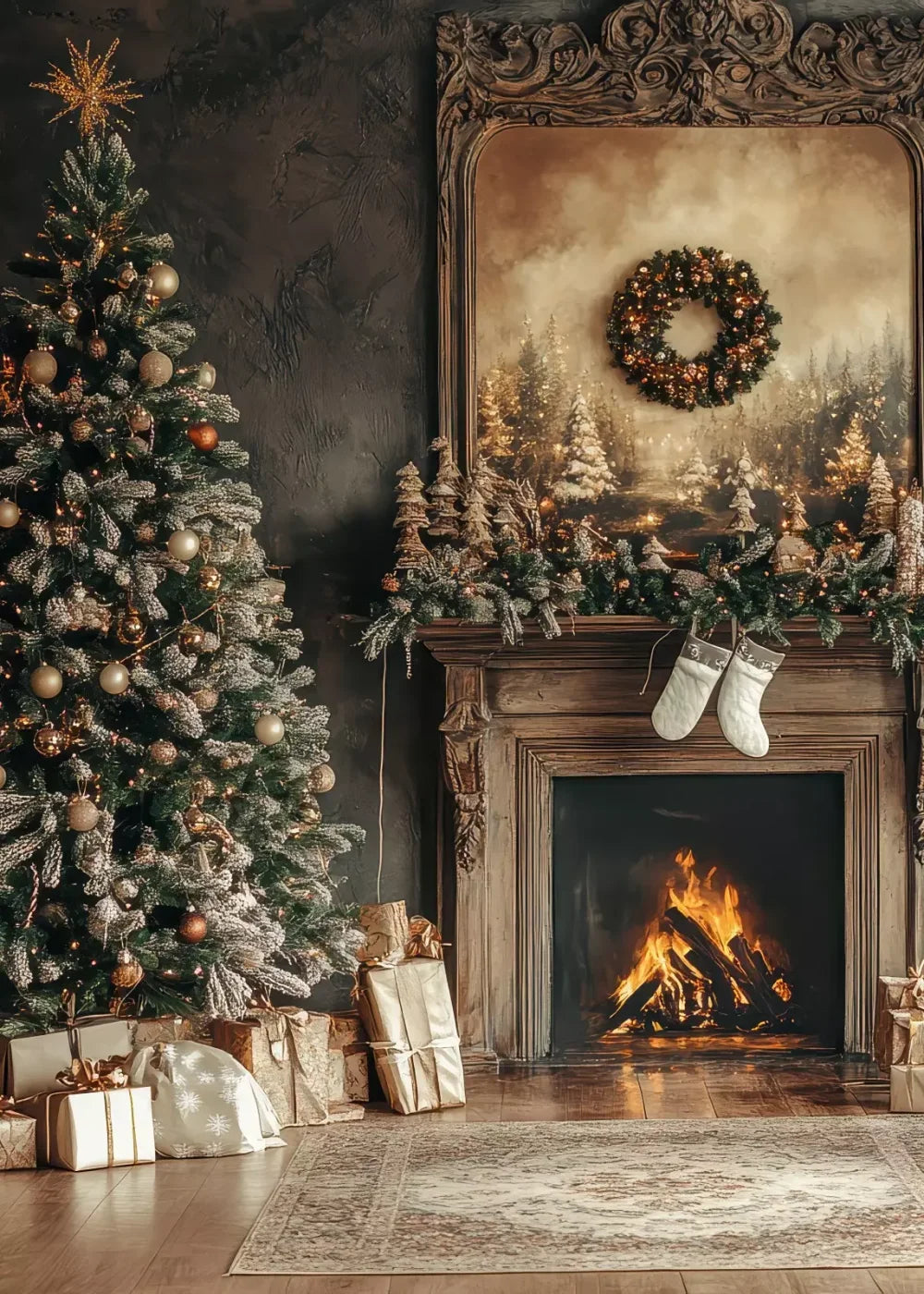 Classic Christmas Fireplace And Tree 5’X7’ Ultracloth (60 X 84 Inch) Backdrop