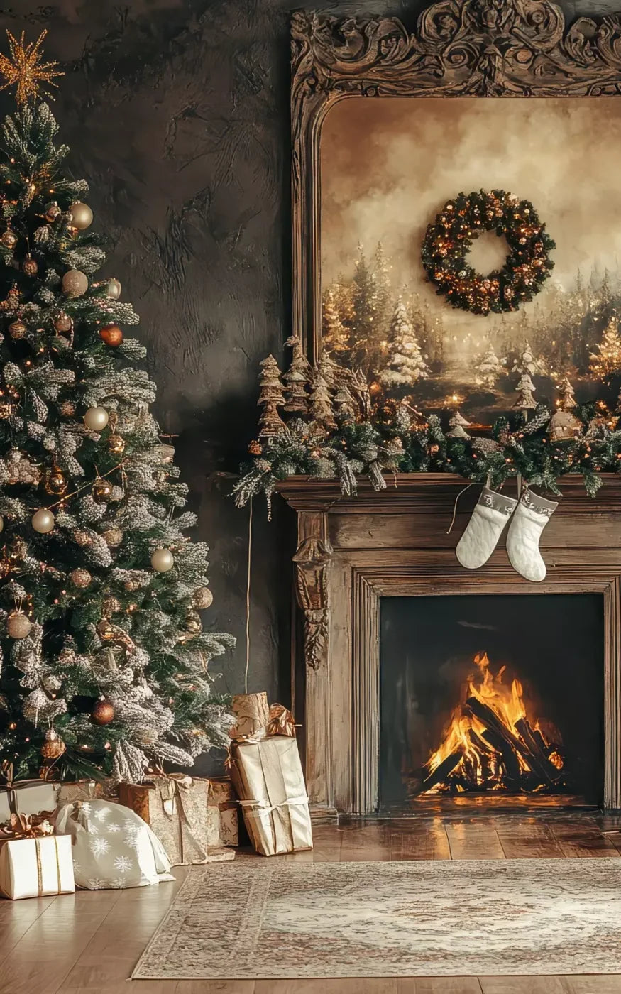Classic Christmas Fireplace And Tree 5’X8’ Ultracloth (60 X 96 Inch) Backdrop