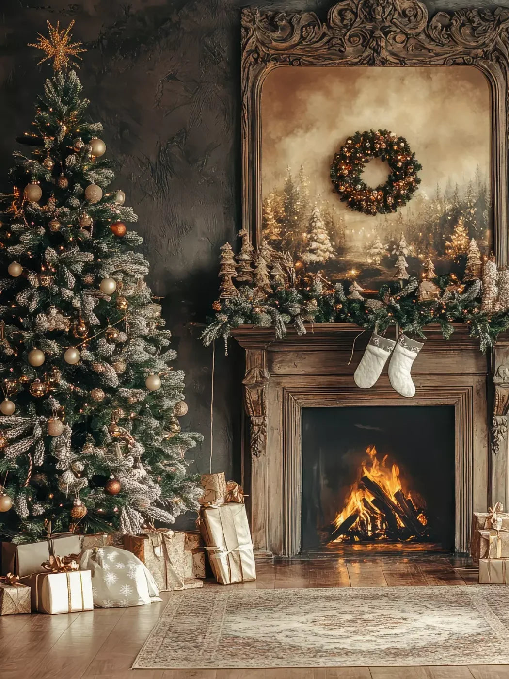 Classic Christmas Fireplace And Tree 6’X8’ Fleece (72 X 96 Inch) Backdrop