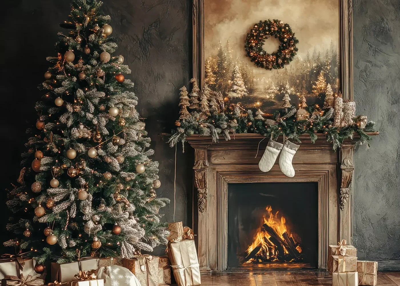 Classic Christmas Fireplace And Tree 7’X5’ Ultracloth (84 X 60 Inch) Backdrop