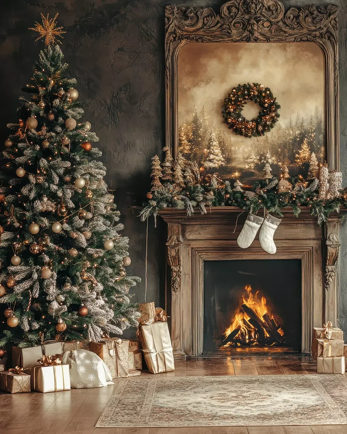 Classic Christmas Fireplace And Tree 8’X10’ Fleece (96 X 120 Inch) Backdrop