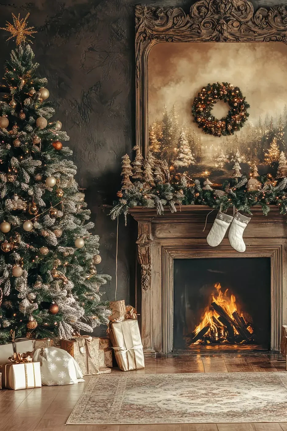 Classic Christmas Fireplace And Tree 8’X12’ Ultracloth (96 X 144 Inch) Backdrop