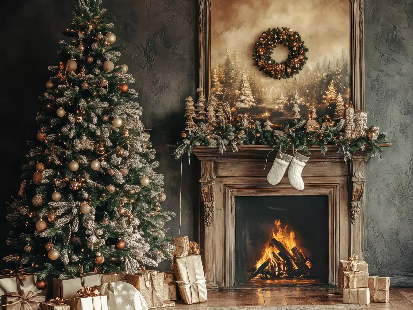 Classic Christmas Fireplace And Tree 8’X6’ Fleece (96 X 72 Inch) Backdrop
