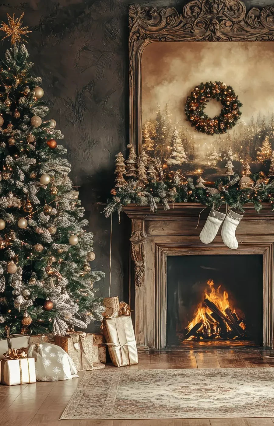 Classic Christmas Fireplace And Tree 9’X14’ Ultracloth (108 X 168 Inch) Backdrop