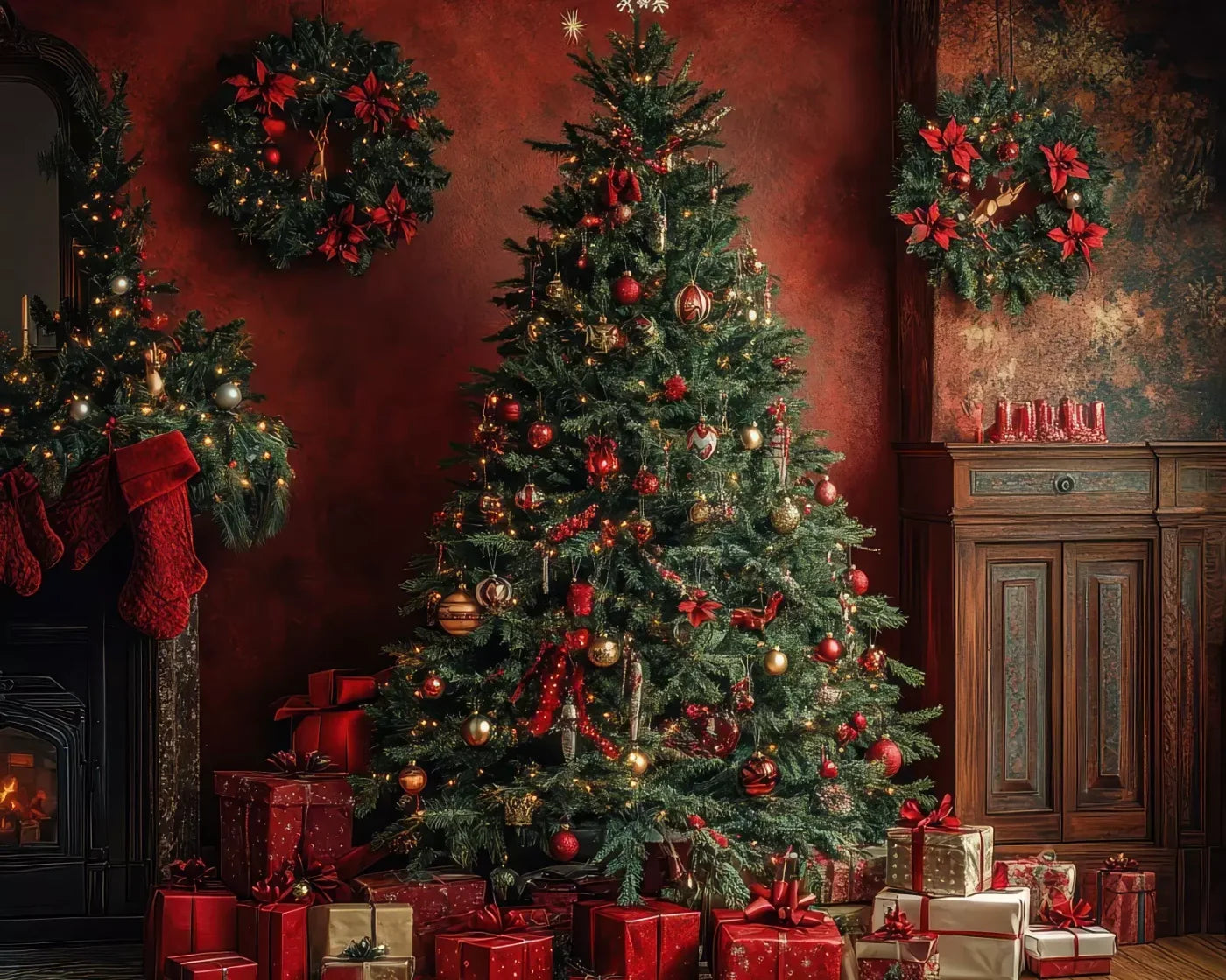 Classic Red Christmas 10’X8’ Fleece (120 X 96 Inch) Backdrop