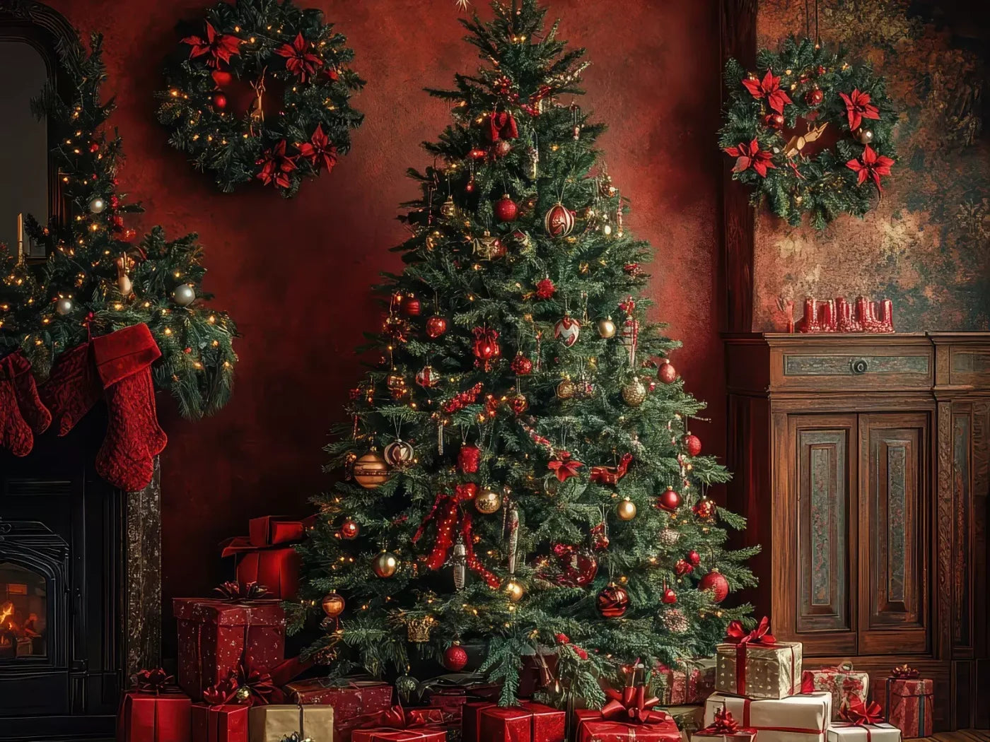 Classic Red Christmas 6’8X5’ Fleece (80 X 60 Inch) Backdrop