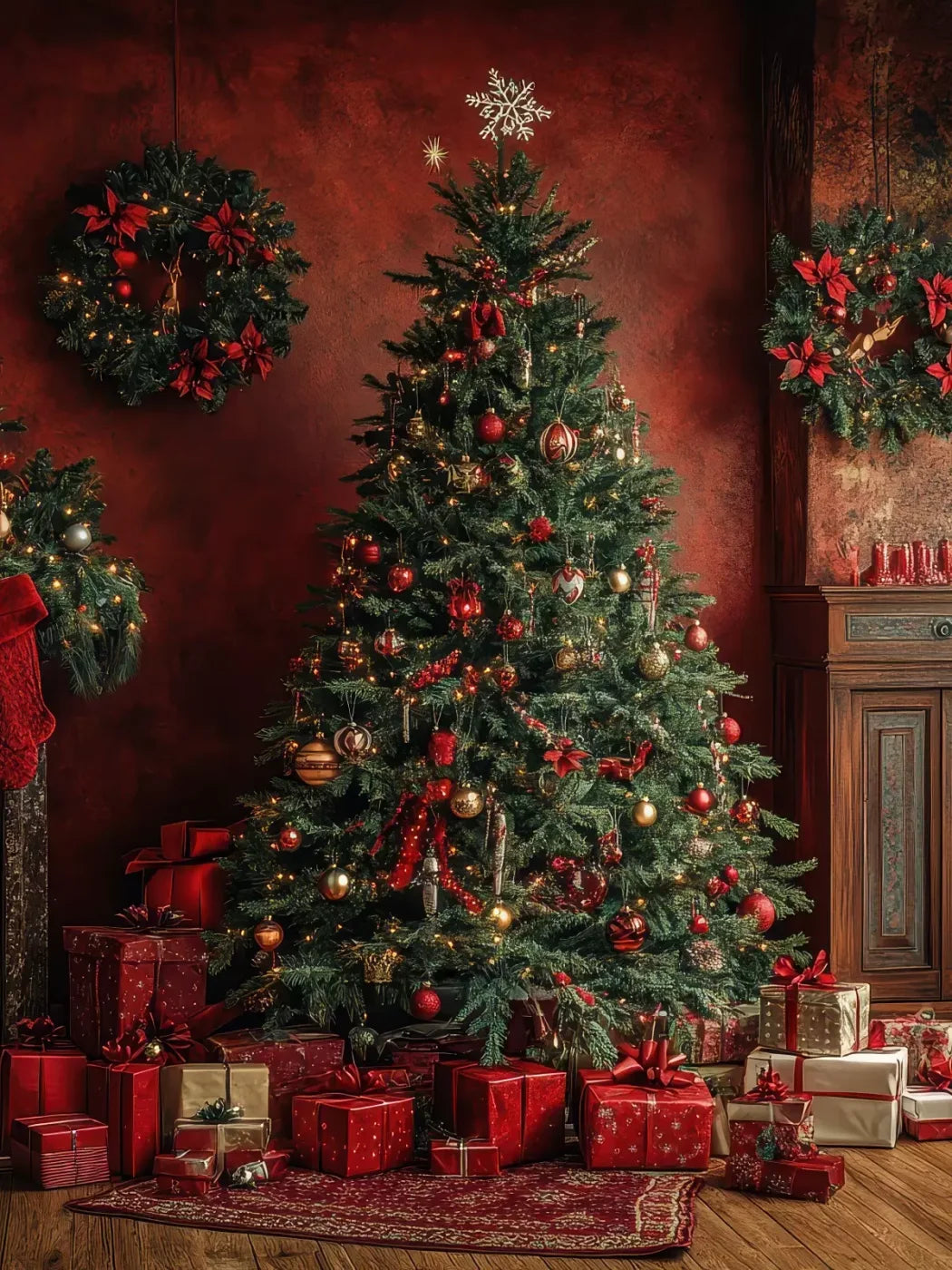 Classic Red Christmas 6’X8’ Fleece (72 X 96 Inch) Backdrop