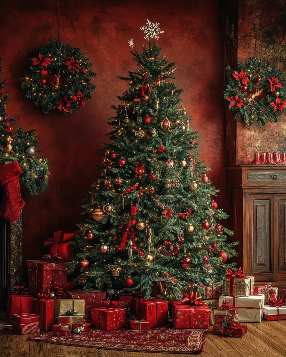 Classic Red Christmas 8’X10’ Fleece (96 X 120 Inch) Backdrop