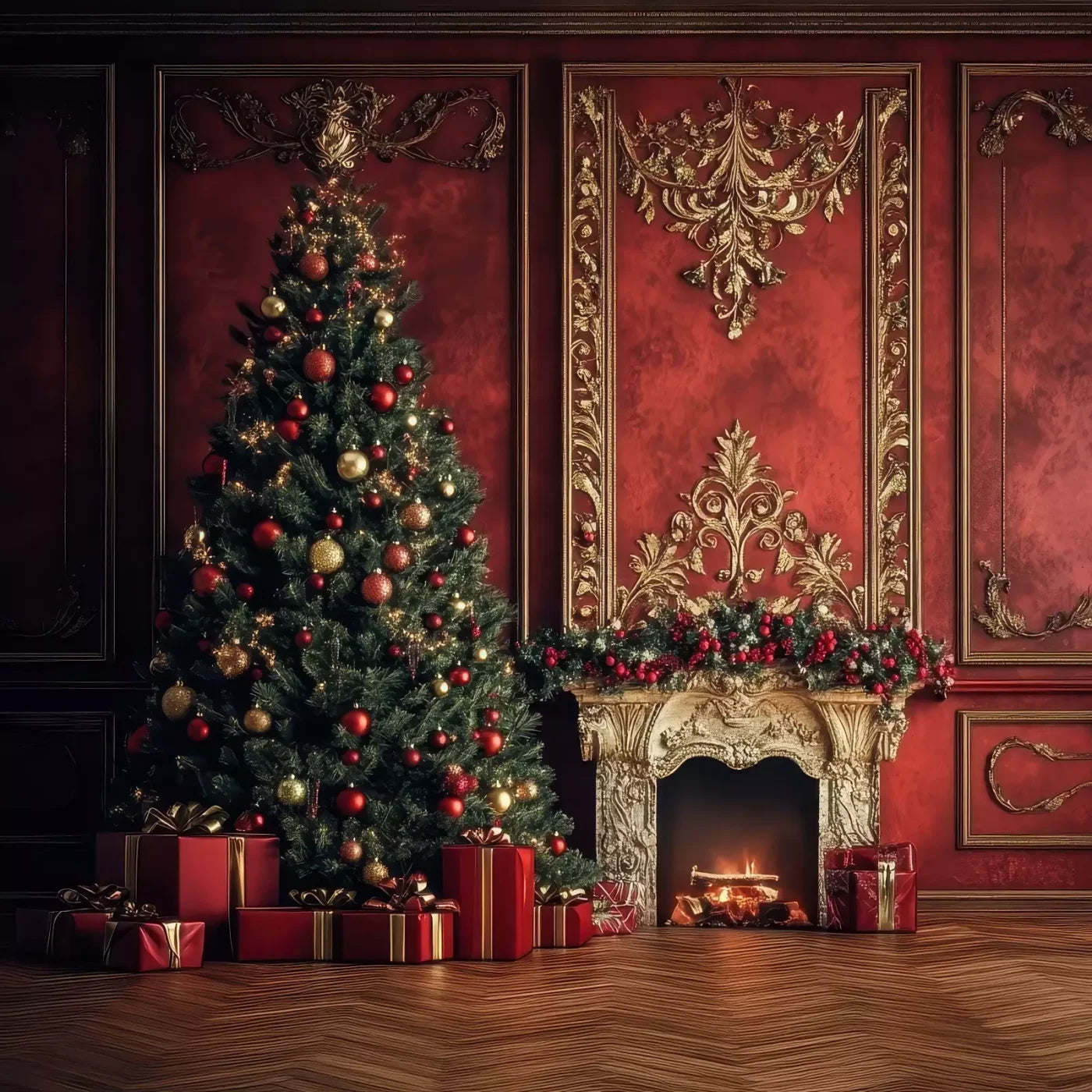 Classic Red Christmas Fireplace 10’X10’ Ultracloth (120 X Inch) Backdrop