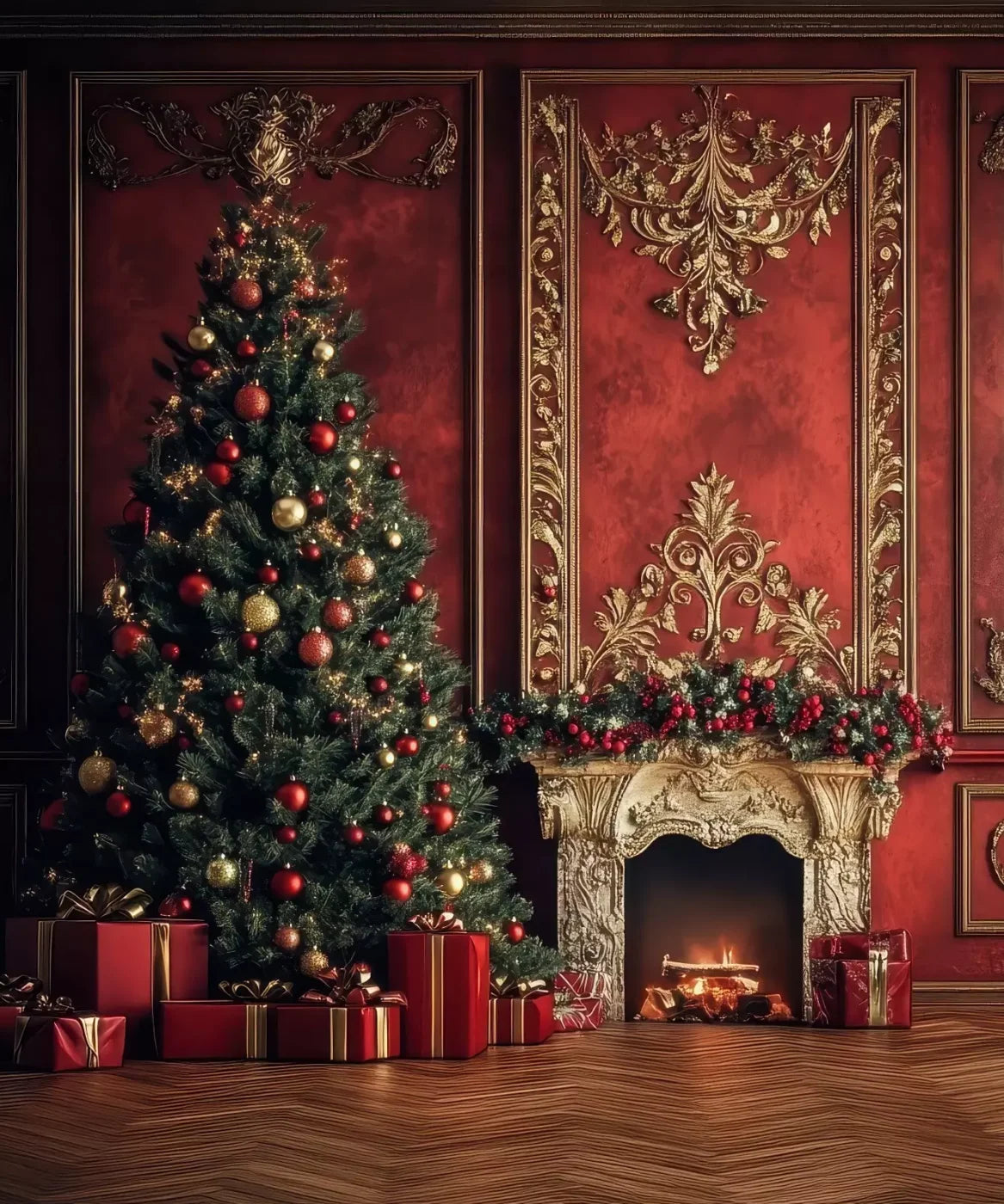 Classic Red Christmas Fireplace 10’X12’ Ultracloth (120 X 144 Inch) Backdrop