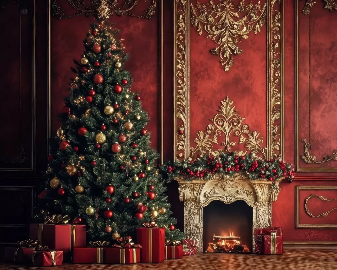 Classic Red Christmas Fireplace 10’X8’ Fleece (120 X 96 Inch) Backdrop