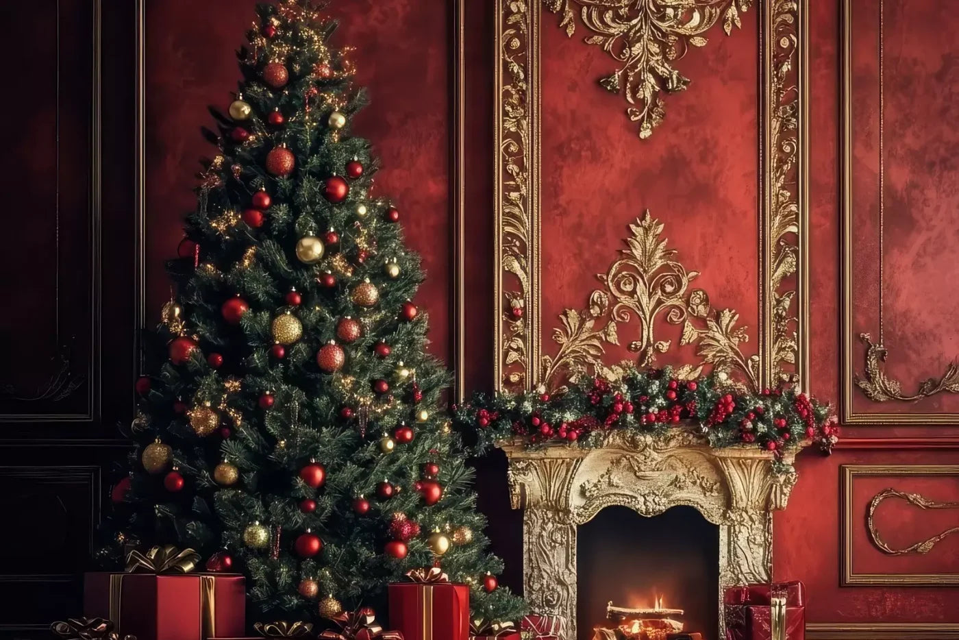 Classic Red Christmas Fireplace 12’X8’ Ultracloth (144 X 96 Inch) Backdrop