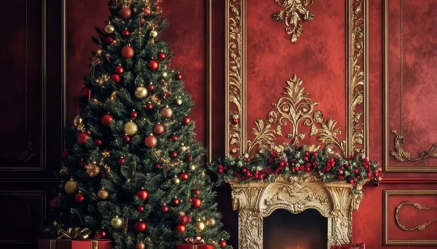Classic Red Christmas Fireplace 14’X8’ Ultracloth (168 X 96 Inch) Backdrop