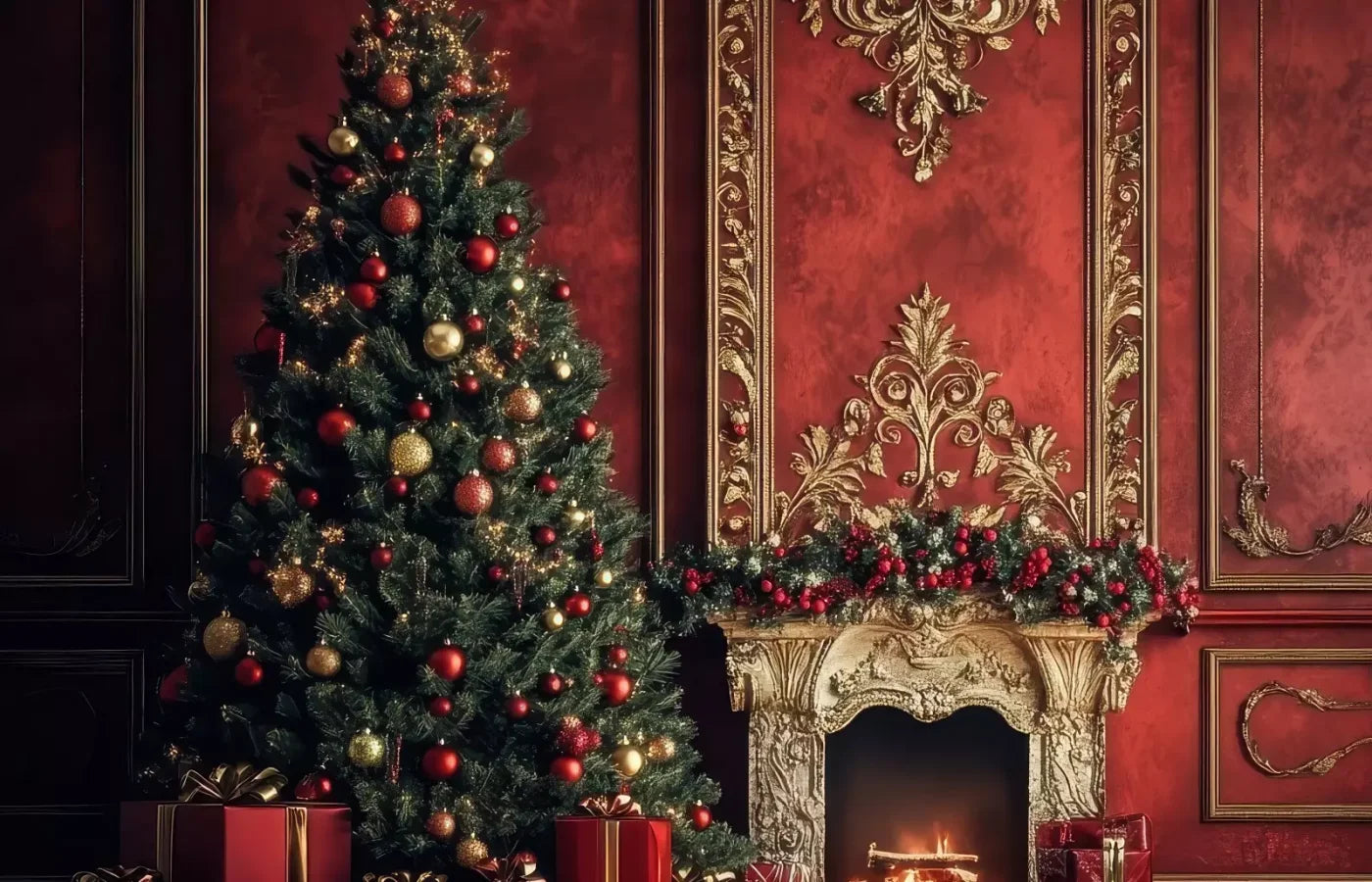 Classic Red Christmas Fireplace 14’X9’ Ultracloth (168 X 108 Inch) Backdrop
