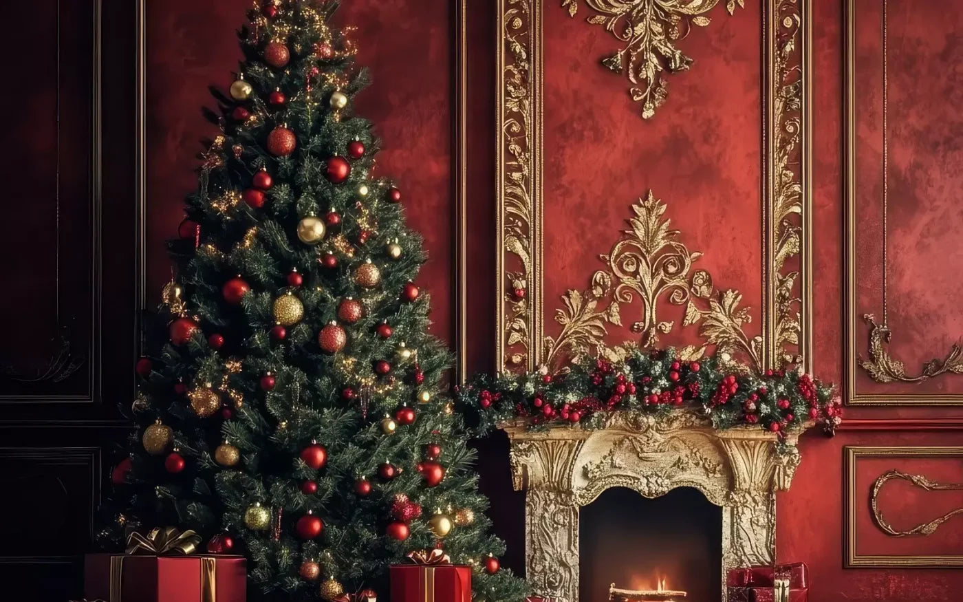 Classic Red Christmas Fireplace 16’X10’ Ultracloth (192 X 120 Inch) Backdrop