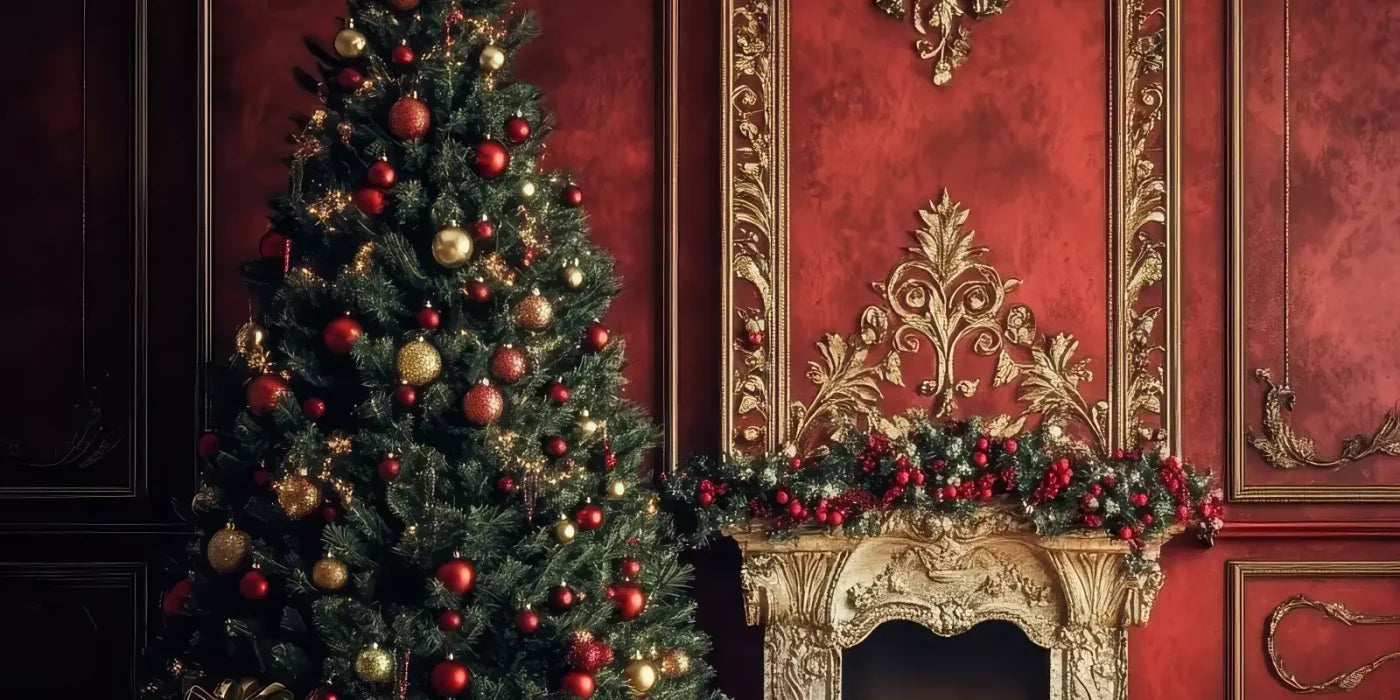 Classic Red Christmas Fireplace 16’X8’ Ultracloth (192 X 96 Inch) Backdrop