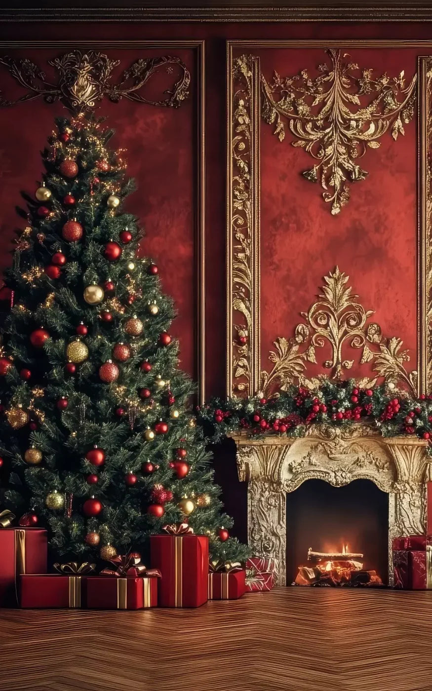 Classic Red Christmas Fireplace 5’X8’ Ultracloth (60 X 96 Inch) Backdrop