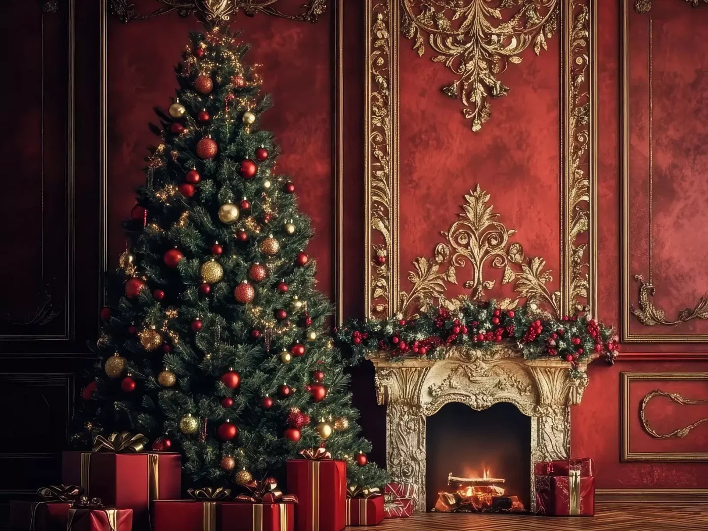Classic Red Christmas Fireplace 6’8X5’ Fleece (80 X 60 Inch) Backdrop