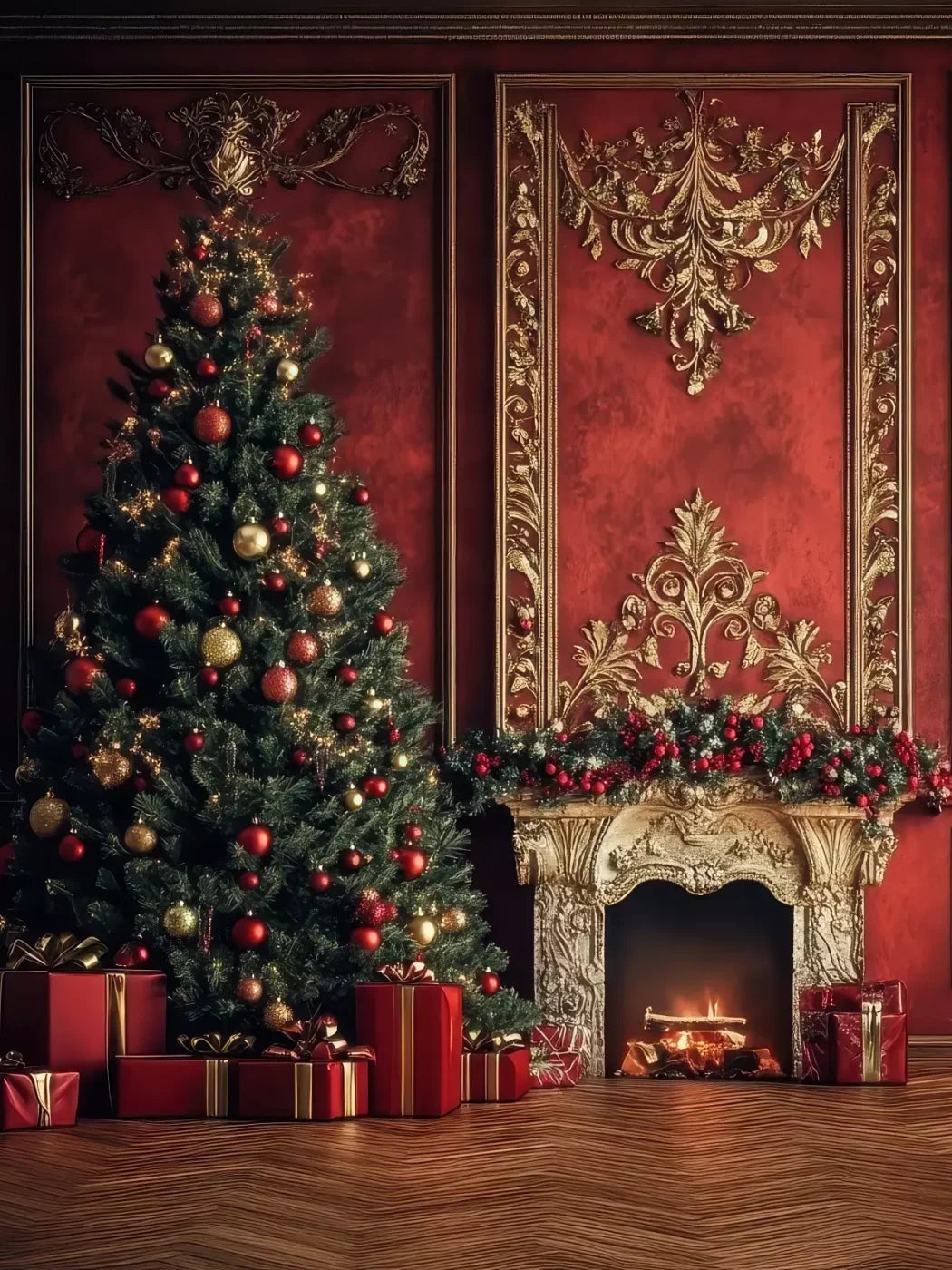 Classic Red Christmas Fireplace 6’X8’ Fleece (72 X 96 Inch) Backdrop