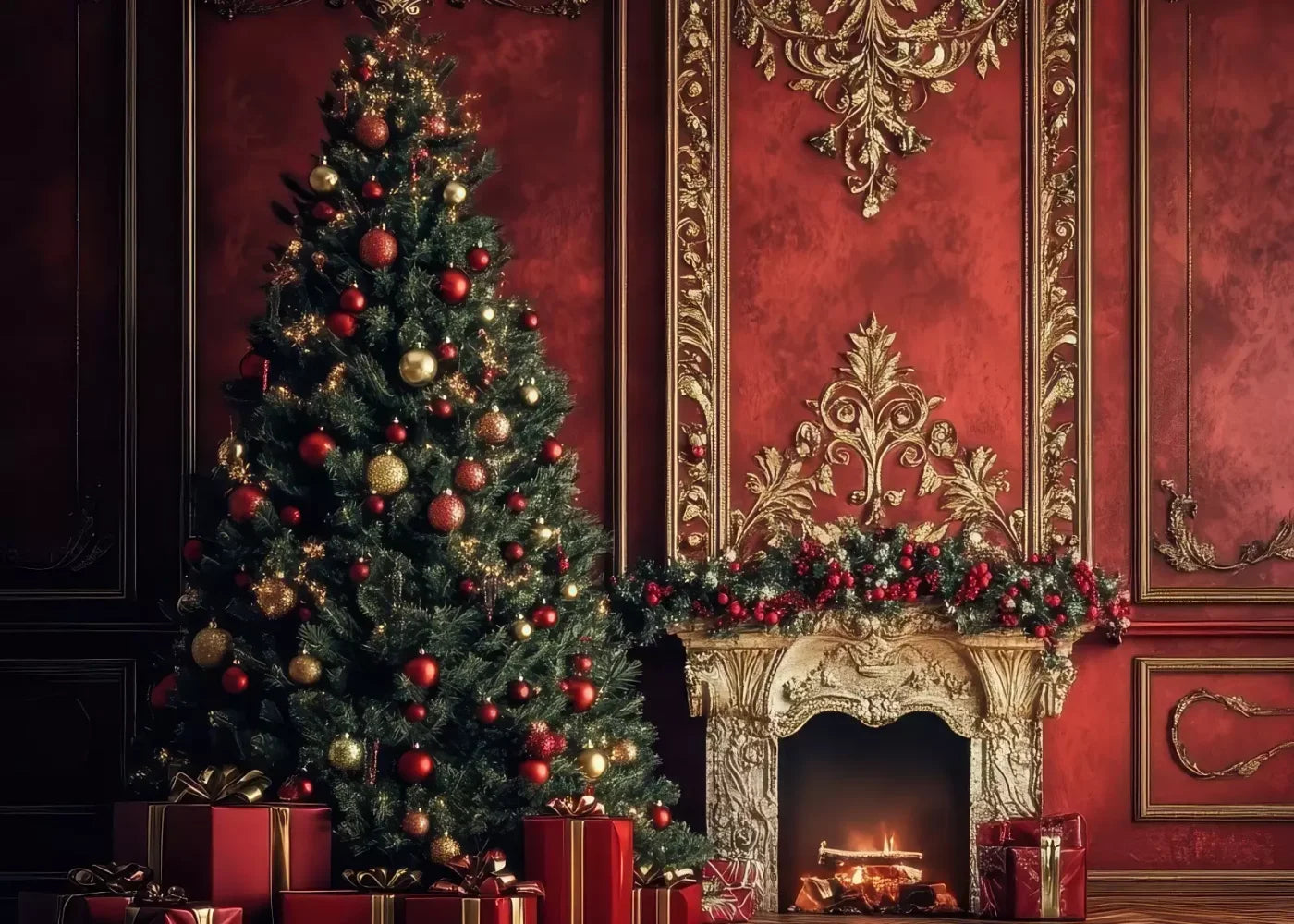 Classic Red Christmas Fireplace 7’X5’ Ultracloth (84 X 60 Inch) Backdrop