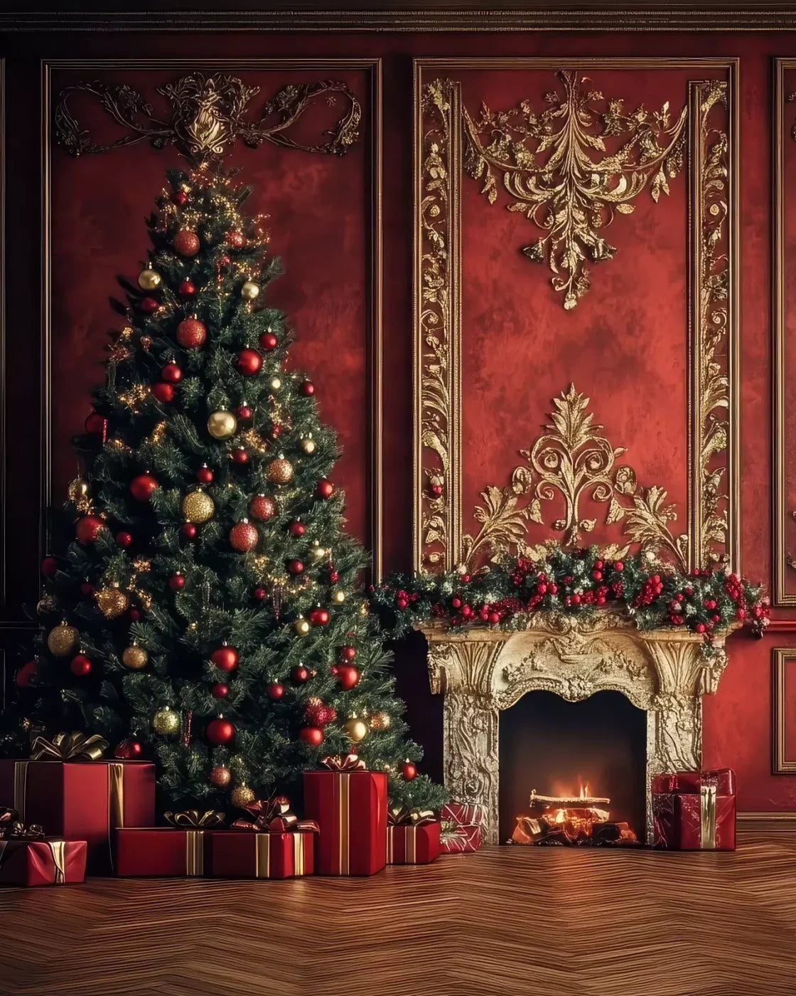 Classic Red Christmas Fireplace 8’X10’ Fleece (96 X 120 Inch) Backdrop