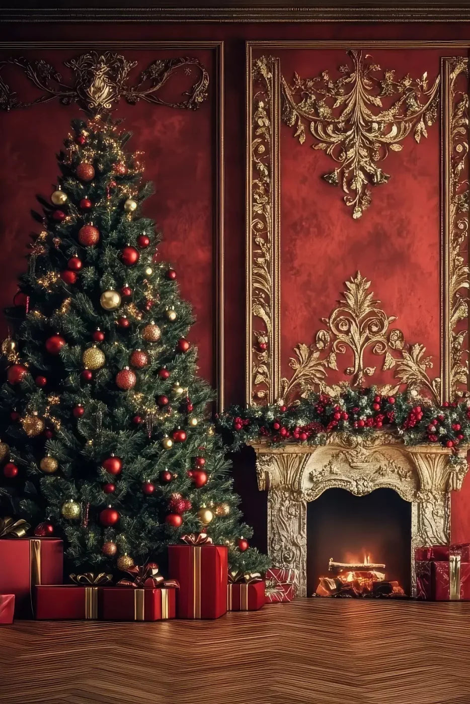 Classic Red Christmas Fireplace 8’X12’ Ultracloth (96 X 144 Inch) Backdrop