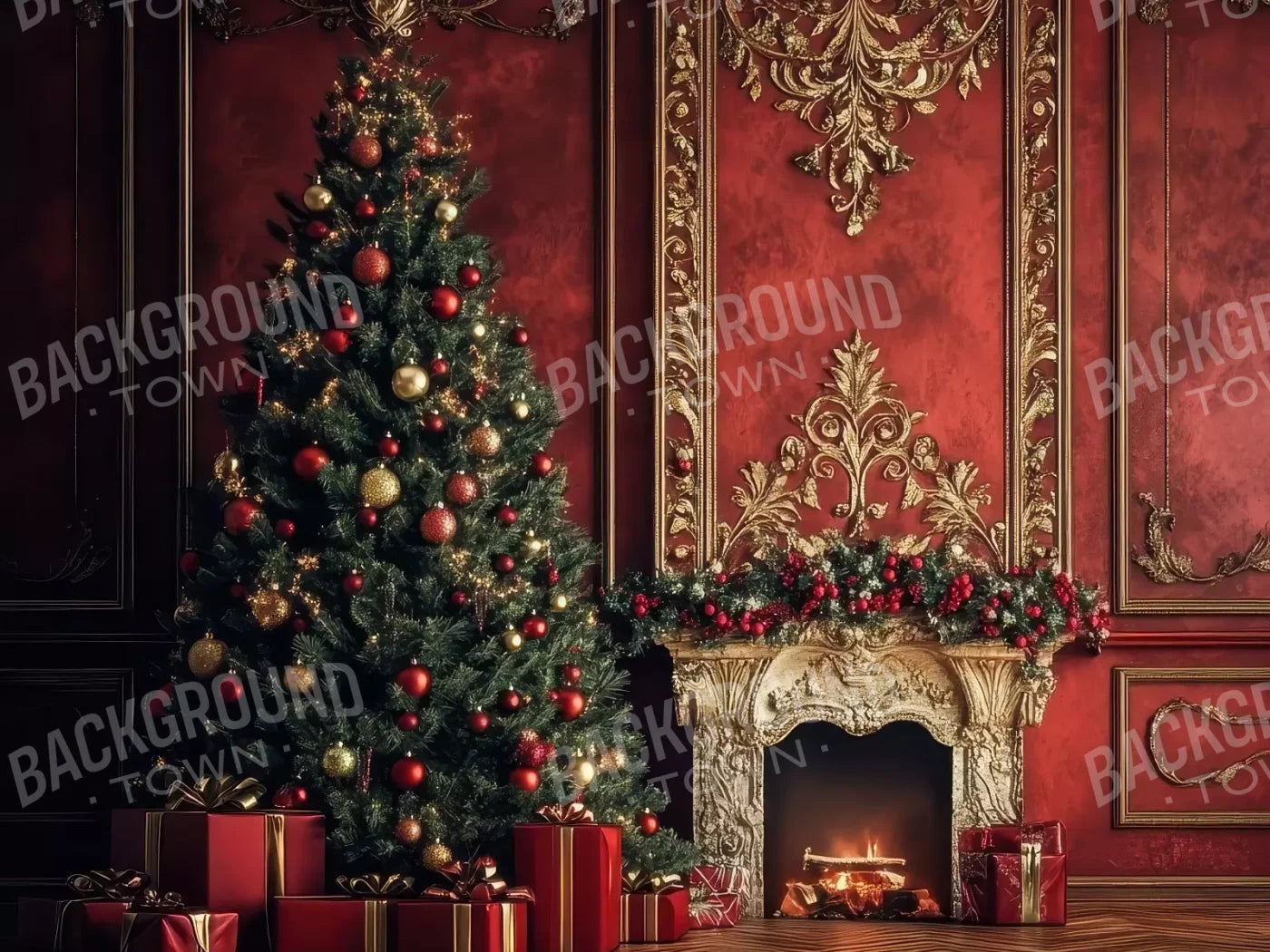 Classic Red Christmas Fireplace 8’X6’ Fleece (96 X 72 Inch) Backdrop