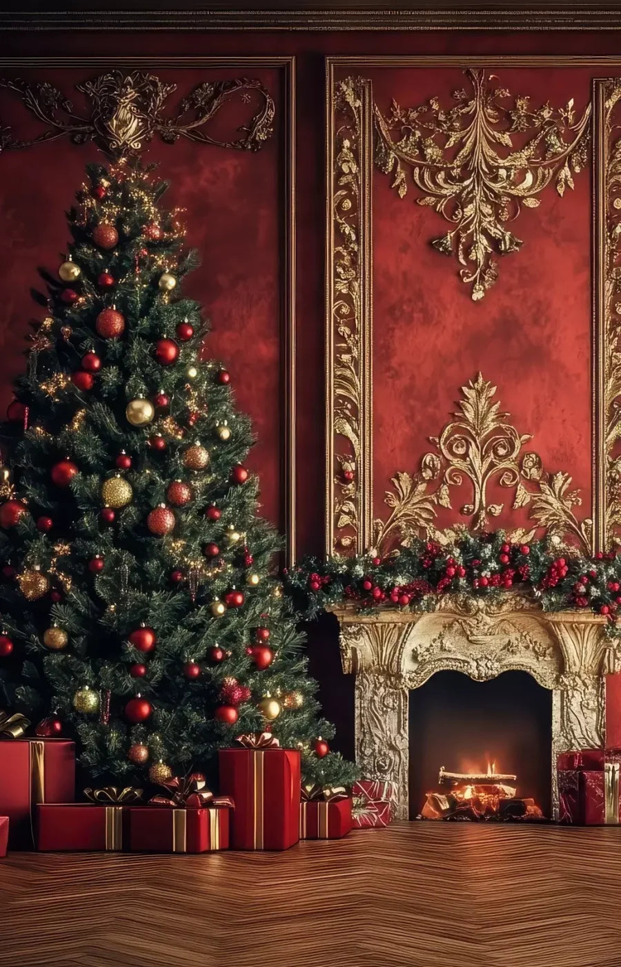 Classic Red Christmas Fireplace 9’X14’ Ultracloth (108 X 168 Inch) Backdrop