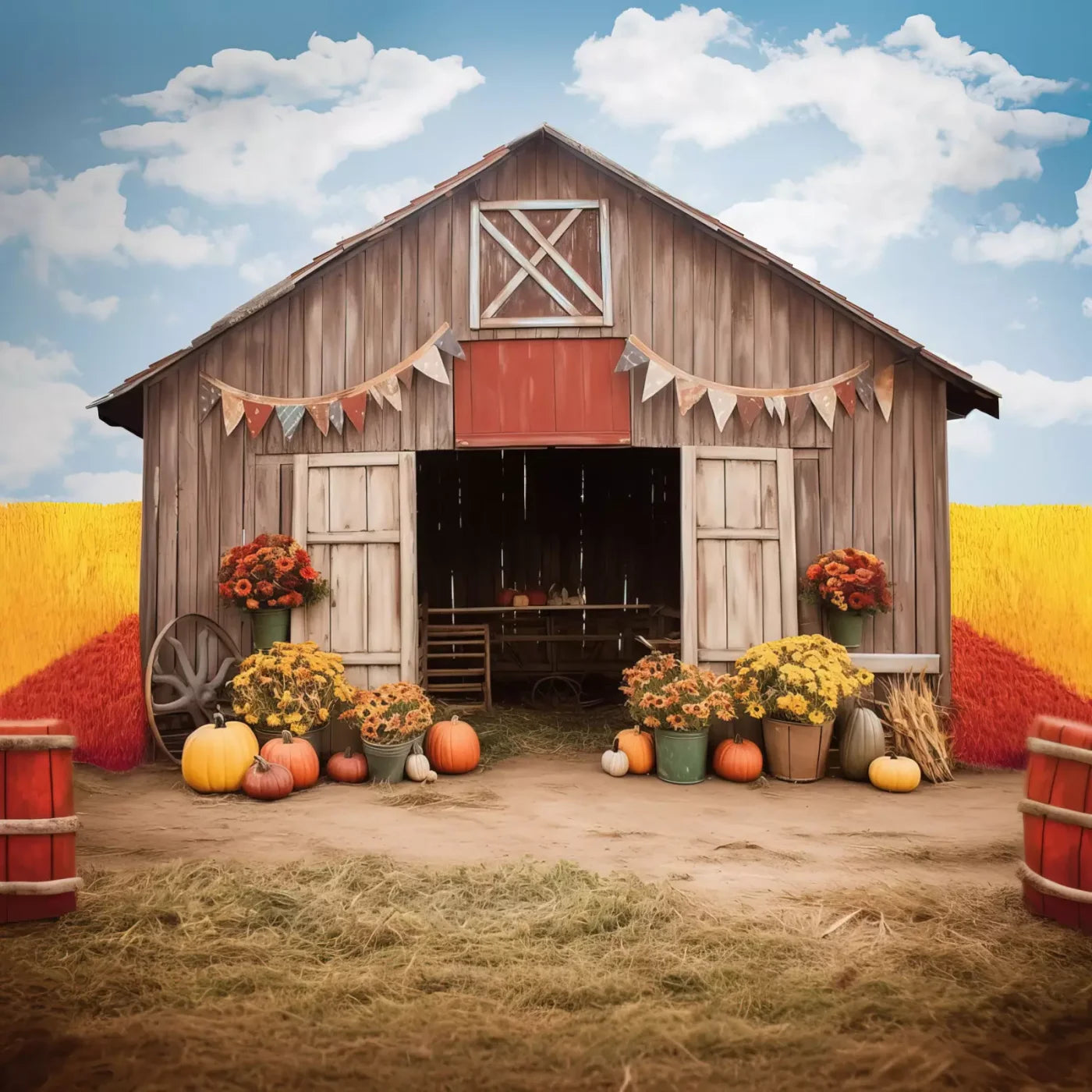 Cozy Autumn Barn 8’X8’ Fleece (96 X Inch) Backdrop
