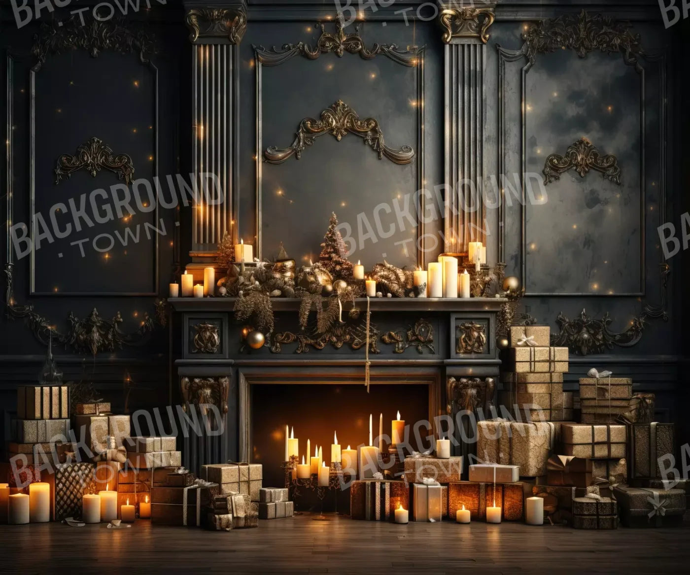 Dark Holiday Fireplace 12’X10’ Ultracloth (144 X 120 Inch) Backdrop