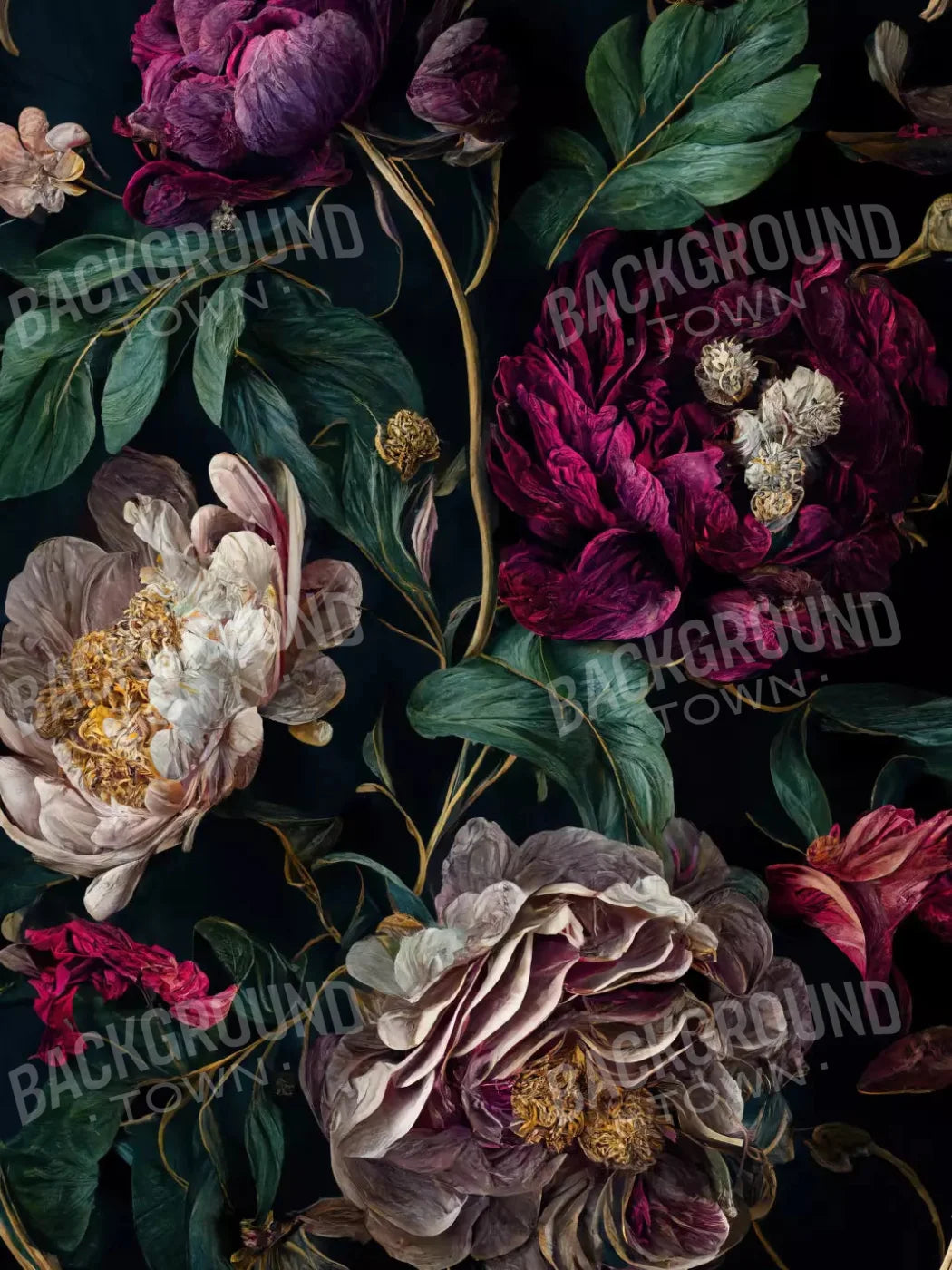 Deep Dark Peonies 5X68 Fleece ( 60 X 80 Inch ) Backdrop