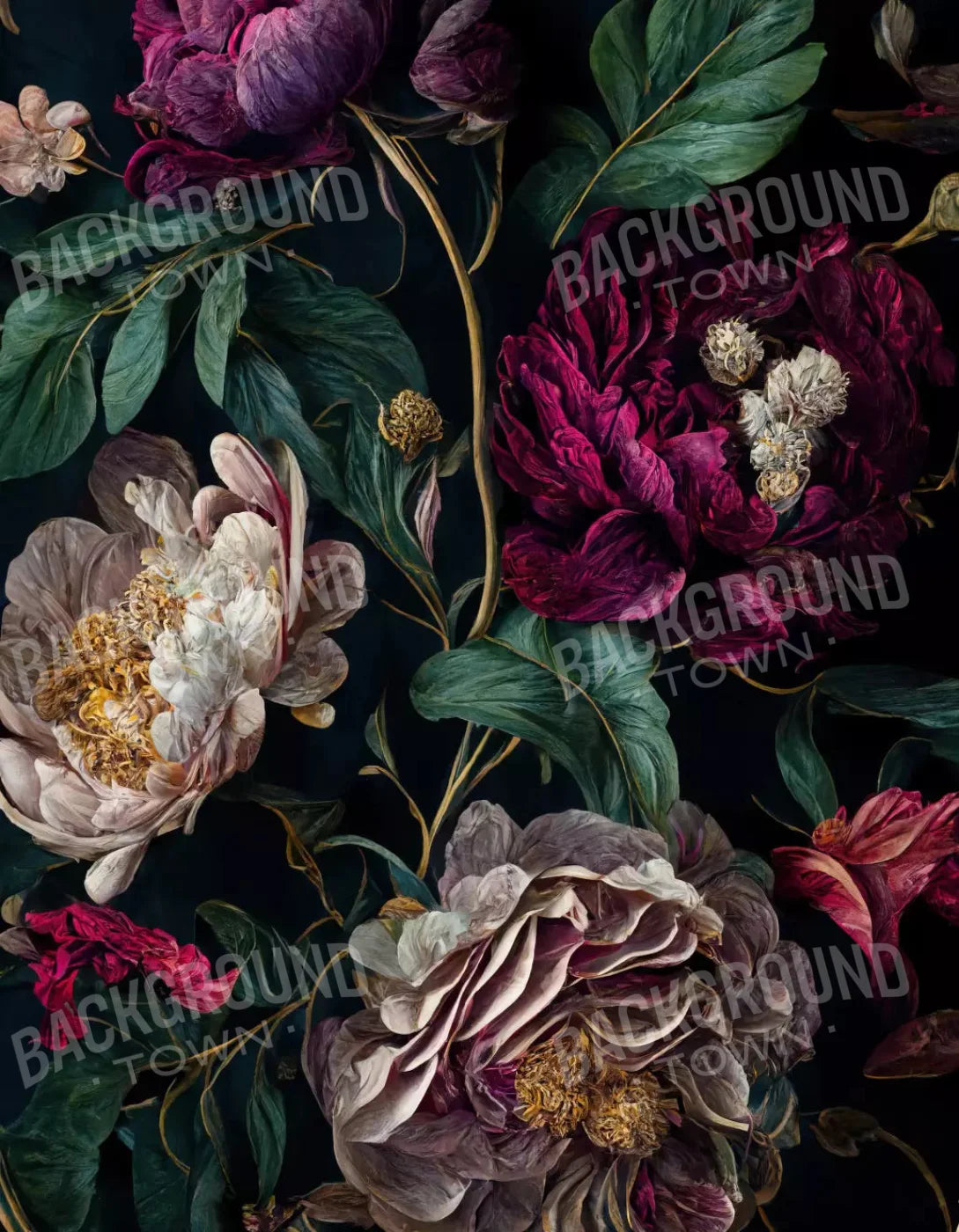 Deep Dark Peonies 6X8 Fleece ( 72 X 96 Inch ) Backdrop