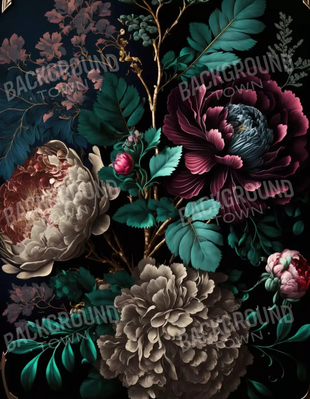 Deep Dark Peonies Li 6X8 Fleece ( 72 X 96 Inch ) Backdrop