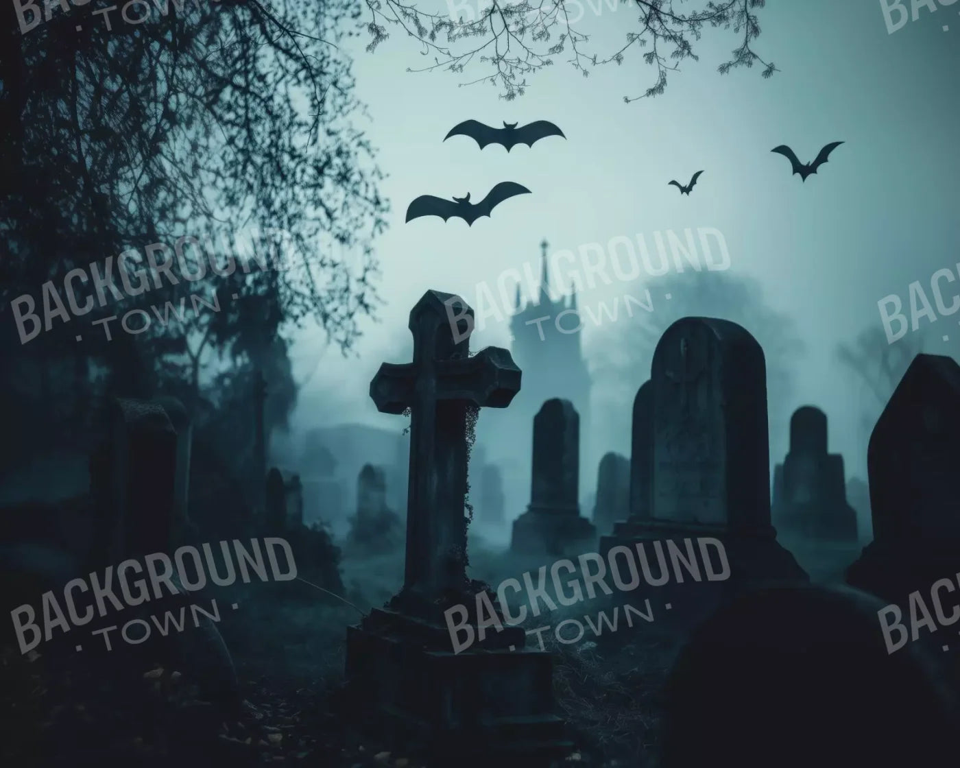Eerie Blue Cemetary 10’X8’ Fleece (120 X 96 Inch) Backdrop