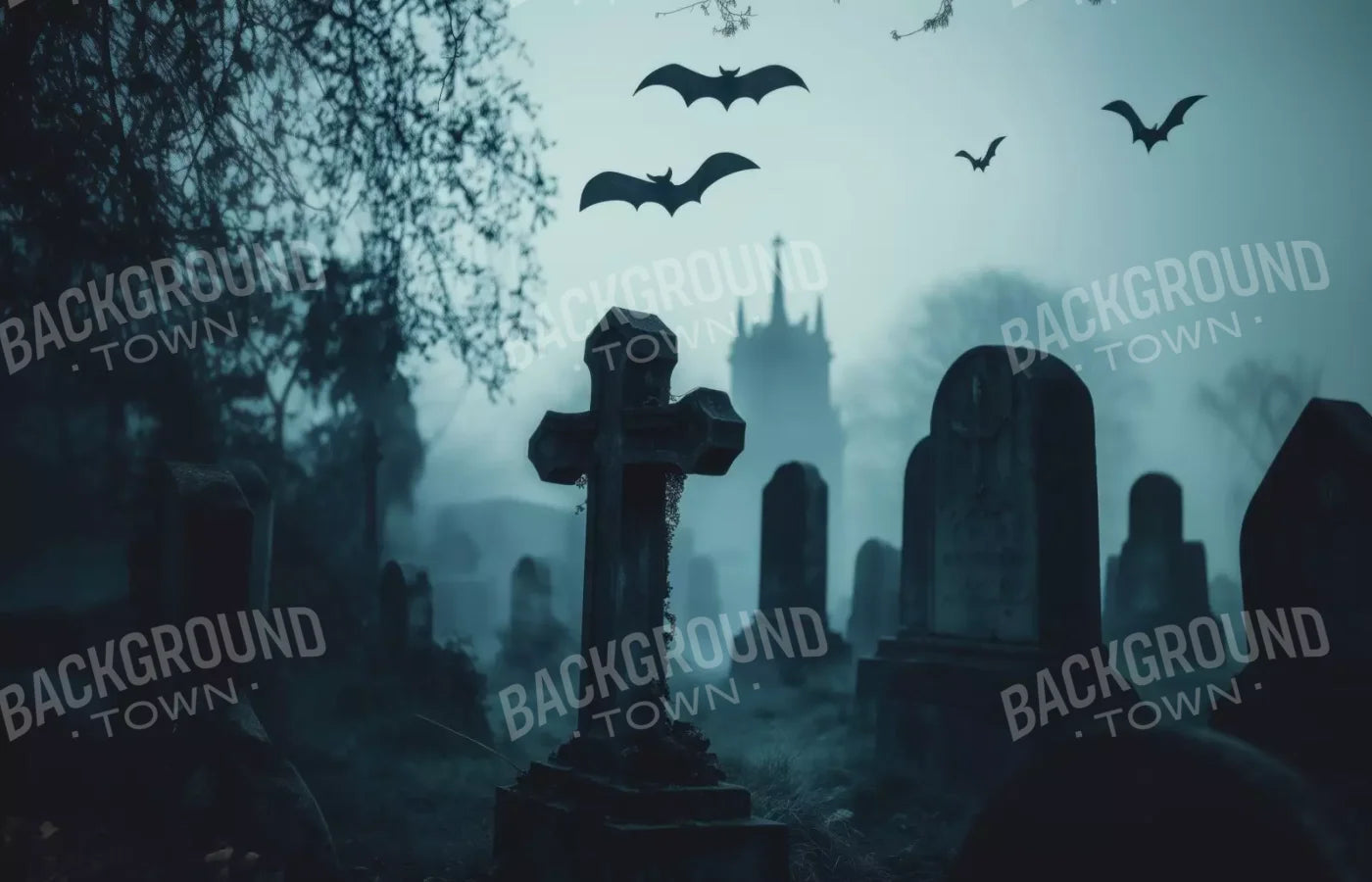 Eerie Blue Cemetary 14’X9’ Ultracloth (168 X 108 Inch) Backdrop